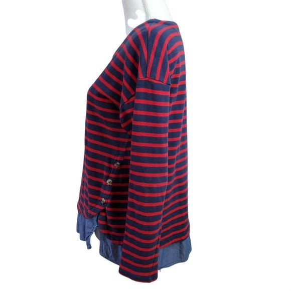 IZOD Womens Top Size M Blue Red Striped Layered Academia L/S Button Cotton - Picture 3 of 11